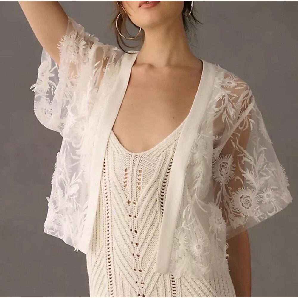 Current Air White Floral Embroidered Sheer Lace Kimono Cardigan One Size NEW